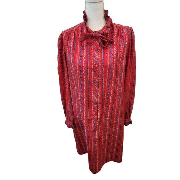 Vintage 70s Schrader Red Blue Floral Long Sleeve Maxi Dress XL Secretary Office - Picture 1 of 5